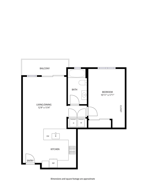 A floor plan of an apartment with a living room, kitchen, and bathroom.